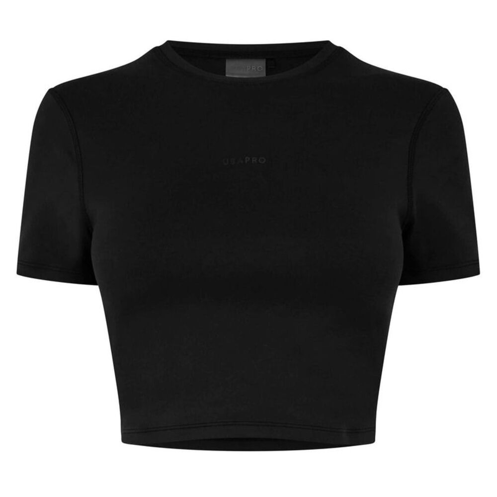 USA Pro Womens/Ladies Slim Workout Crop T-Shirt / Black